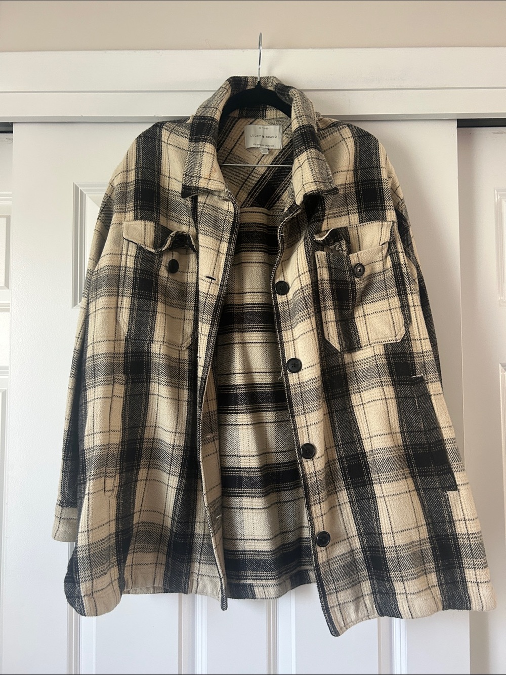 Lucky Brand Plaid Utility Shacket in Cream and Black